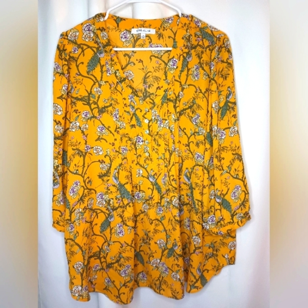 Rose Olive 1X Peacock Floral Peasant Blouse Top Mustard Yellow Button Flowy Boho